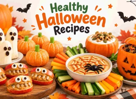 Healthy Halloween snack table with ghosts, pumpkins, and fruit treats
