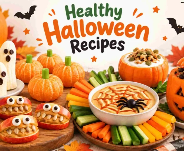 Healthy Halloween snack table with ghosts, pumpkins, and fruit treats