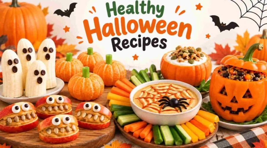 Healthy Halloween snack table with ghosts, pumpkins, and fruit treats