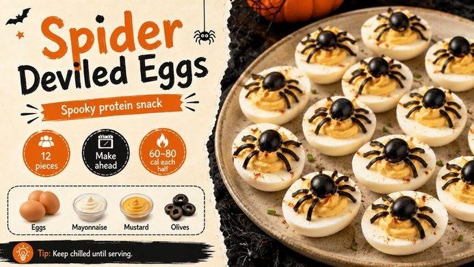 Deviled eggs decorated as spiders with olive legs