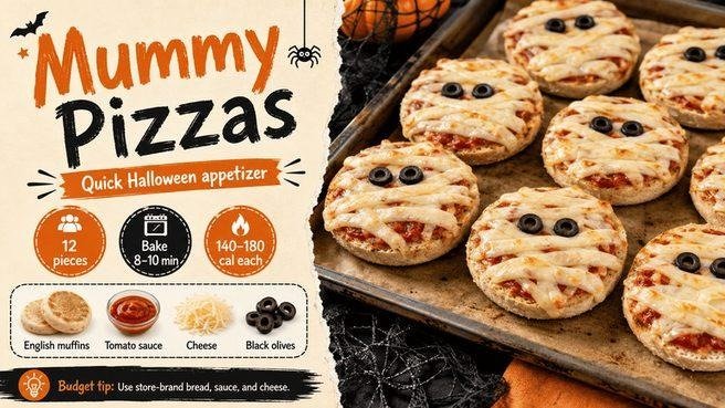 Mummy-style pizza with cheese strip bandages and olive eyes