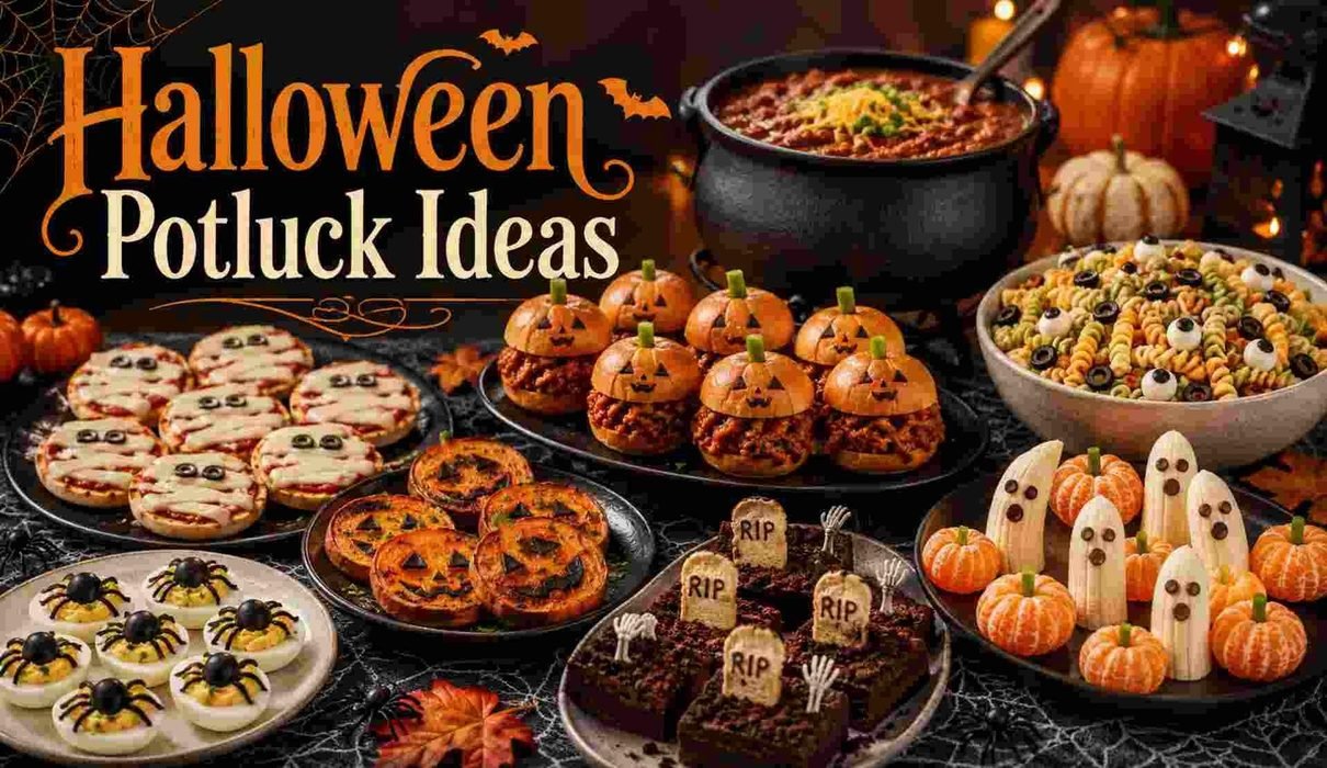 Halloween potluck spread with mummy pizzas, chili, and graveyard brownies