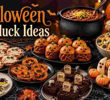 Halloween potluck spread with mummy pizzas, chili, and graveyard brownies