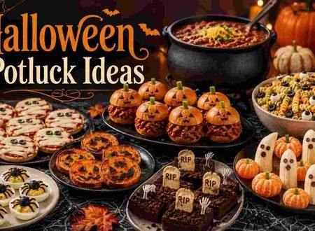 Halloween potluck spread with mummy pizzas, chili, and graveyard brownies