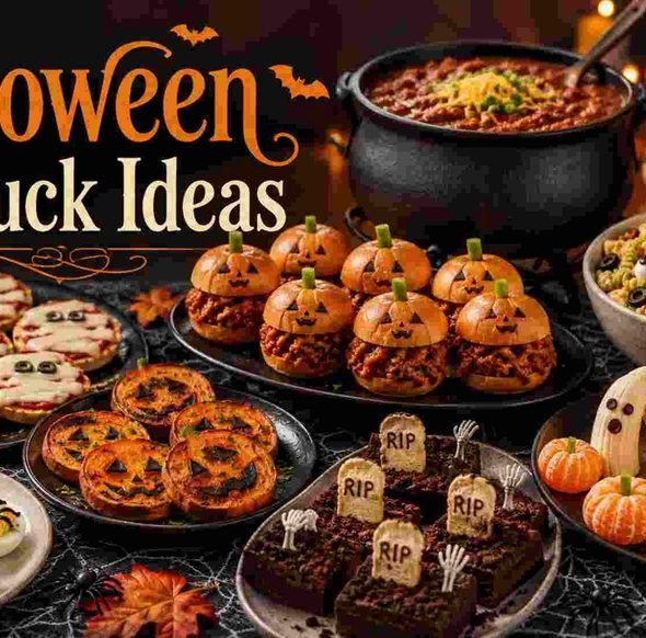 Halloween potluck spread with mummy pizzas, chili, and graveyard brownies