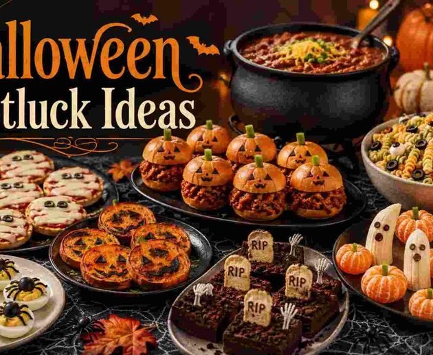 Halloween potluck spread with mummy pizzas, chili, and graveyard brownies