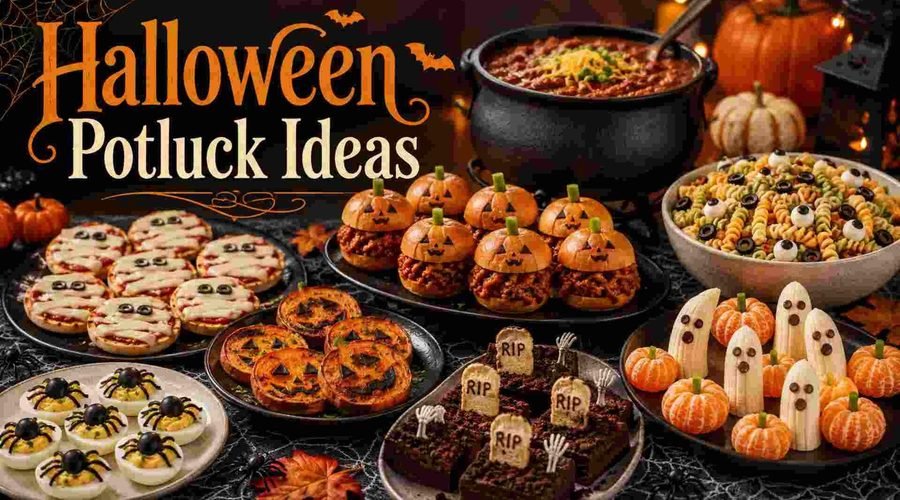 Halloween potluck spread with mummy pizzas, chili, and graveyard brownies