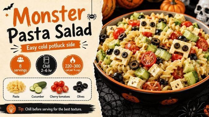 Halloween pasta salad with cherry tomatoes, olives, and cucumber