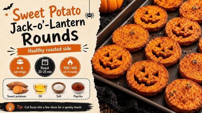 Roasted sweet potato rounds carved like jack-o'-lanterns