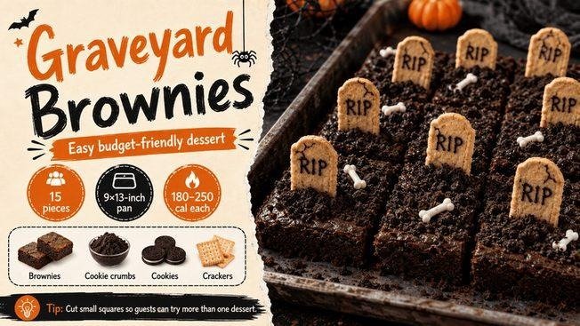 Brownie graveyard dessert with cookie crumb dirt and tombstones