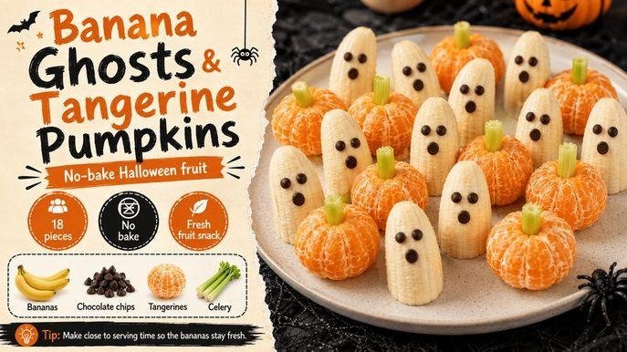 Banana ghosts with chocolate chip eyes and tangerine pumpkins