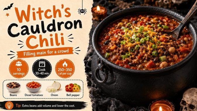 Witch's cauldron-style chili with beans and tomatoes
