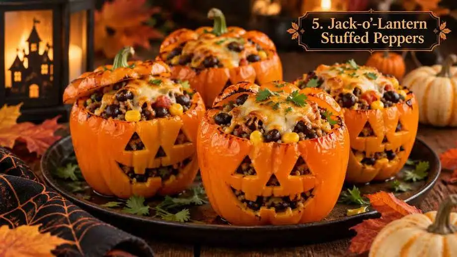 Orange bell peppers stuffed with rice, beans, and cheese, carved like jack-o'-lanterns