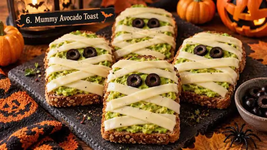 Avocado toast wrapped in mozzarella strips like a mummy