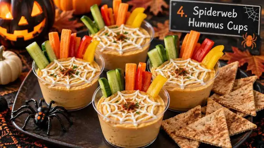Hummus cup with yogurt spiderweb design and vegetable sticks